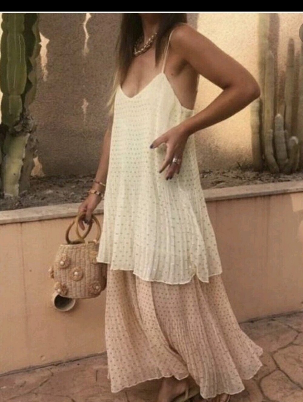 Zara Cream and Beige Layered Spaghetti-Strap Maxi Dress